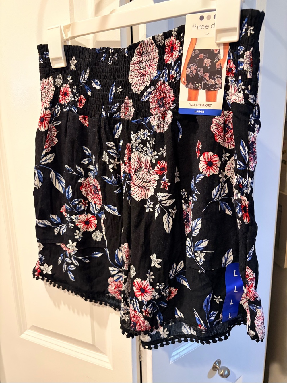 Three Dots Black Floral Pull-On Shorts with Pom Trim